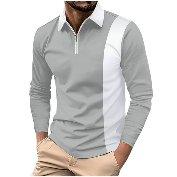 WREESH Men's Color Block Henley Shirts Zippered Long Sleeve Shirt with Turndown Collar a Trendy Color Blocking Statement for The Season Gray