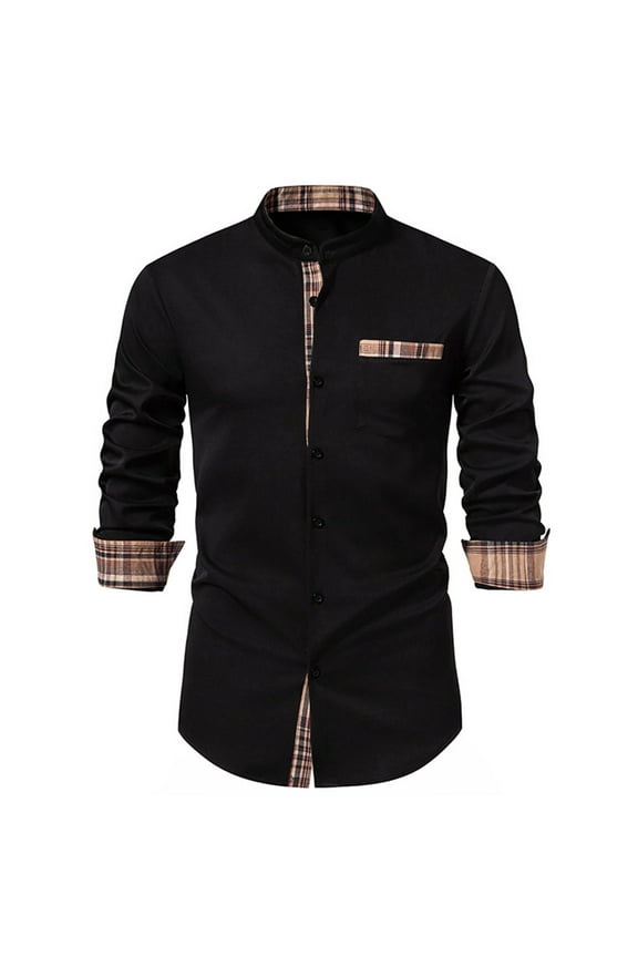 Men's Colorblock Dress Shirt Modern Fit Long Sleeve Button-Down with Stand Collar & Contrast Panels for Business Casual Attire
