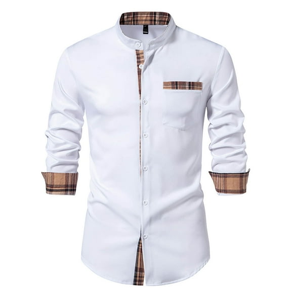 WREESH Men's Colorblock Dress Shirt Modern Fit Long Sleeve Button-Down with Stand Collar & Contrast Panels for Business Casual Attire