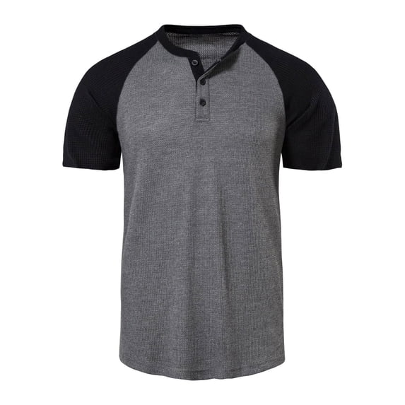 WREESH Men's Colorful Henley Shirts Short Sleeve T-Shirt in a Waffle Texture a Color Block Design for a Casual Look Dark Gray