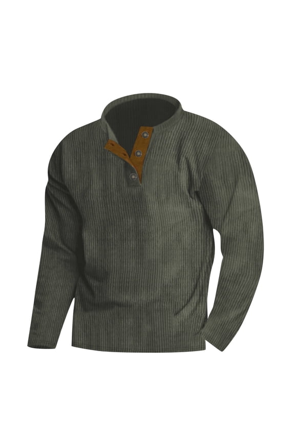Men's Corduroy Pullover Henley Shirts Casual Solid Color Half Zip Sweatshirt Retro Style Long Sleeve Top for Men's Casual Outwear Olive Green