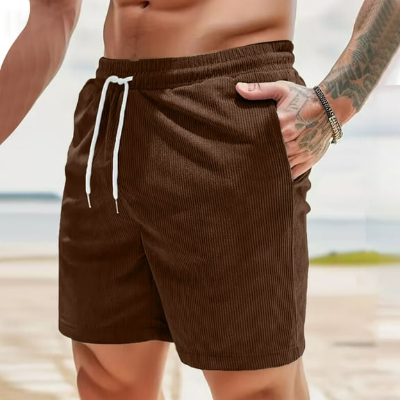 WREESH Men's Corduroy Shorts Sweat Shorts Elastic Waist Drawstring Shorts with Pockets Lightweight Summer Shorts Loose Fit Brown