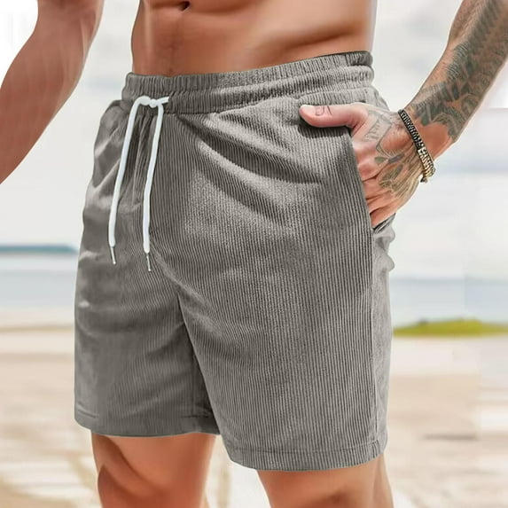 WREESH Men's Corduroy Shorts Sweat Shorts Elastic Waist Drawstring Shorts with Pockets Lightweight Summer Shorts Loose Fit Gray