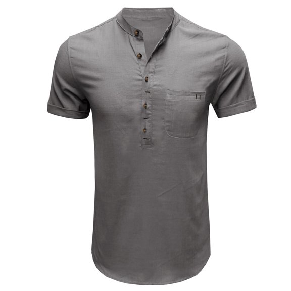 WREESH Men's Cotton Linen Henley Shirt Button Front Casual Solid Fashion Pullover Tops Gray