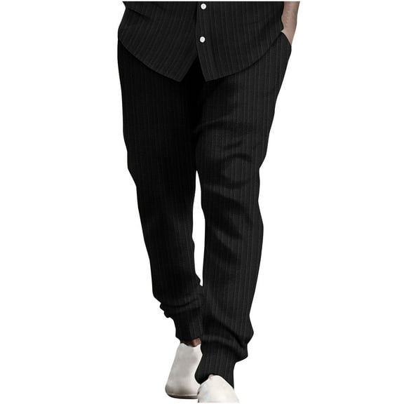 WREESH Men's Cotton Linen Pants Casual Elastic Waist Stripe Pocket Panel Trousers Pants Black