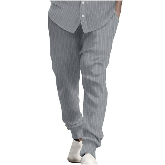 WREESH Men's Cotton Linen Pants Casual Elastic Waist Stripe Pocket Panel Trousers Pants Dark Gray