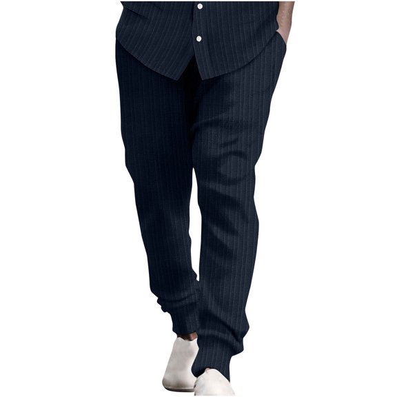 WREESH Men's Cotton Linen Pants Casual Elastic Waist Stripe Pocket Panel Trousers Pants Navy