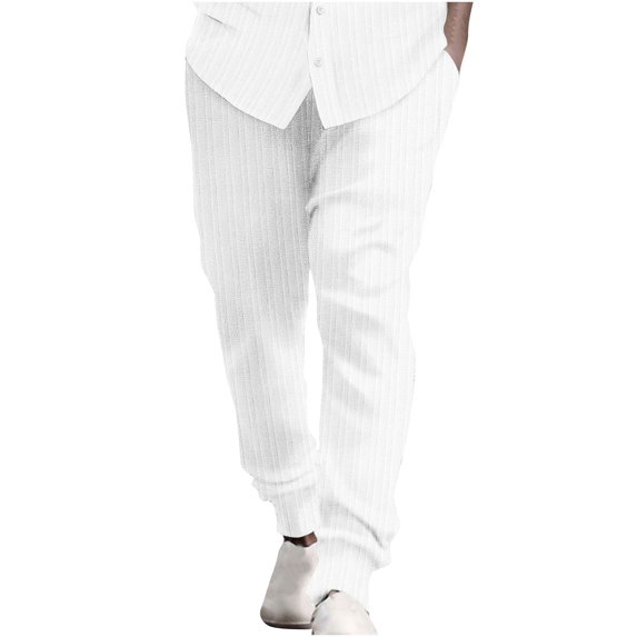 WREESH Men's Cotton Linen Pants Casual Elastic Waist Stripe Pocket Panel Trousers Pants White