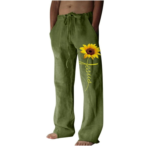 WREESH Men's Cotton Linen Pants Casual Wide Leg Pants Printed Lace-Up Casual Pants Wide Leg Pants Sweatpants Full Length Pants Green