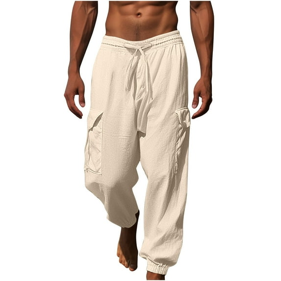 WREESH Men's Cotton Linen Pants Solid Color Corset Pockets Pull Rope Fashion Casual Comfort Pants Beige