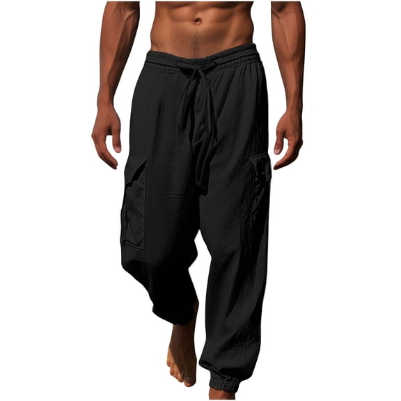 WREESH Men's Cotton Linen Pants Solid Color Corset Pockets Pull Rope Fashion Casual Comfort Pants Black