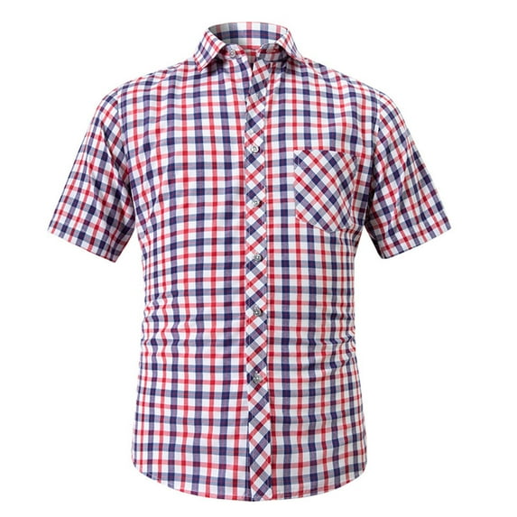 WREESH Men's Cotton Plaid Button Down Shirts Short Sleeve with Turndown Collar and Pocket Design Red