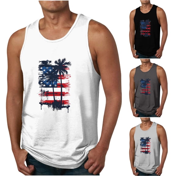 WREESH Men's Crew Neck Graphic Tank Top Independence Day Print Casual Sports Style Sleeveless White