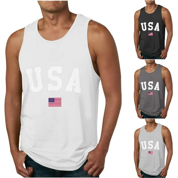WREESH Men's Crew Neck Graphic Tee Casual Sports Tank Tops Independence Day Print Sleeveless Dark Gray