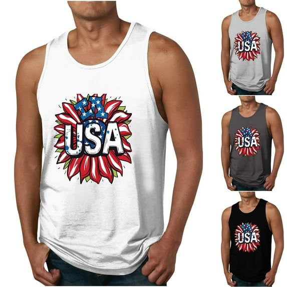 WREESH Men's Crew Neck Tank Top Graphic Print Independence Day Theme Perfect for Summer Workouts Black