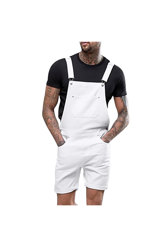 Men's Denim Bib Overall Shorts Casual Loose Fit Jean Romper Summer Jumpersuit with Pockets White