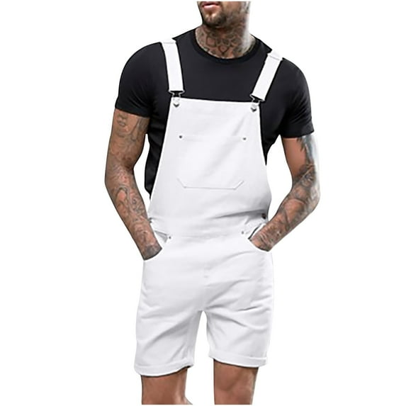 WREESH Men's Denim Bib Overall Shorts Casual Loose Fit Jean Romper Summer Jumpersuit with Pockets White