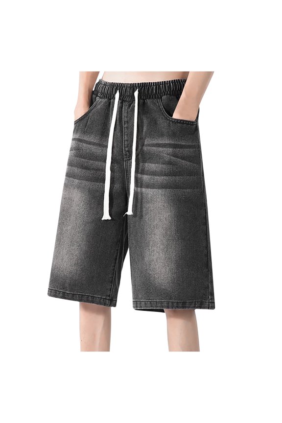 Men's Denim Shorts Csaual Loose Jean Shorts Elastic Waist Drawstring Shorts Solid Color Short Summer Jeans Black