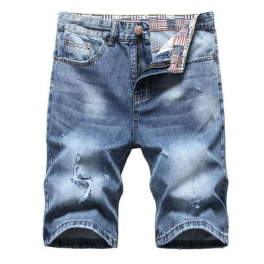 WREESH Men's Denim Shorts Ripped Jean Shorts with Micro Elastic Fit Button Zipper Pockets for Fashion Casual Summer Short Jeans Blue