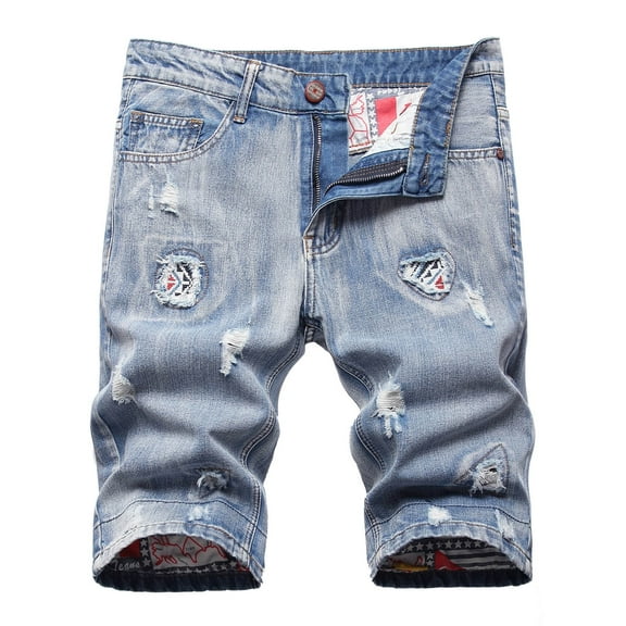 WREESH Men's Denim Shorts Washed Ripped Jeans Shorts Casual Zipper Middle Waist Pockets Denim Shorts Loose Short Pants Light Blue