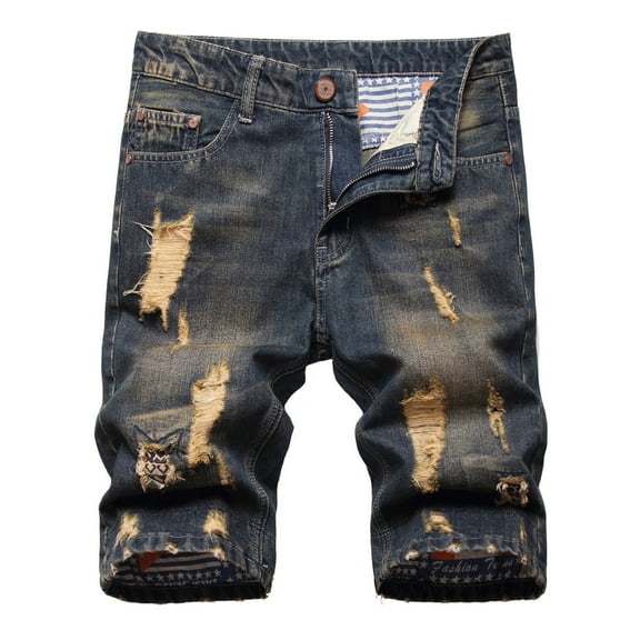 WREESH Men's Denim Shorts Washed Ripped Jeans Shorts Casual Zipper Middle Waist Pockets Denim Shorts Loose Short Pants Navy