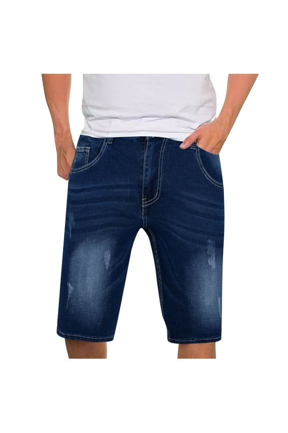 Men's Denim Shorts Zipper Elastic Slim Casual Denim Shorts Play Wrap Ripped Mid-Length Shorts Jean Shorts Blue