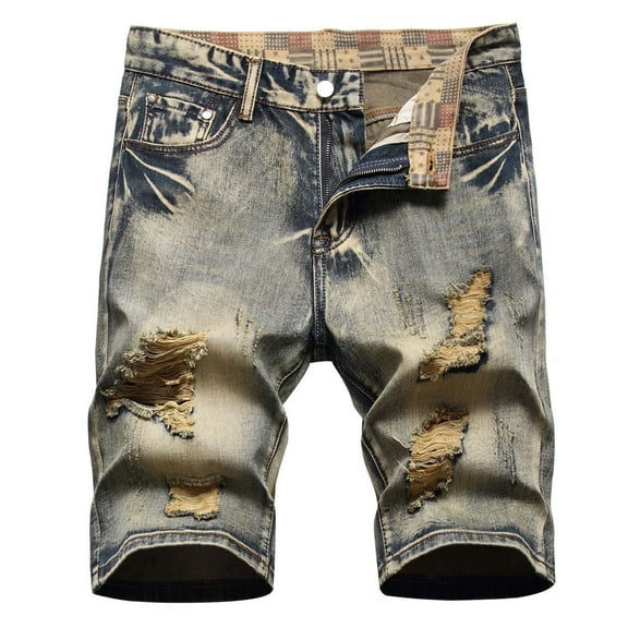 WREESH Men's Denim Shorts Zipper Elastic Slim Casual Denim Shorts Play Wrap Ripped Mid-Length Shorts Jean Shorts Yellow