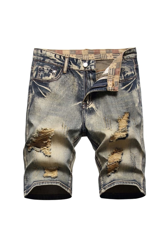 Men's Denim Shorts Zipper Elastic Slim Casual Denim Shorts Play Wrap Ripped Mid-Length Shorts Jean Shorts Yellow