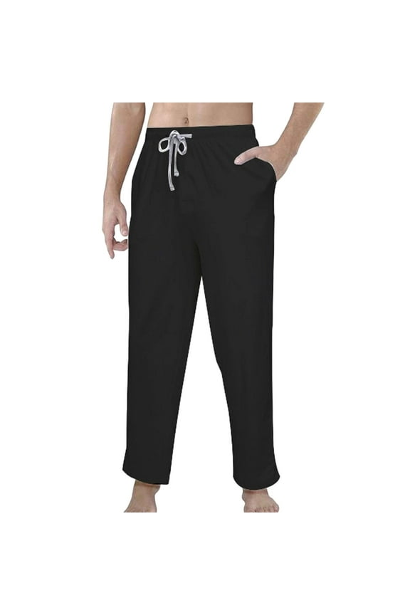 Men's Drawstring Sweatpants Pajama Pants Knit Cotton Lounge Bottoms Button Fly Black