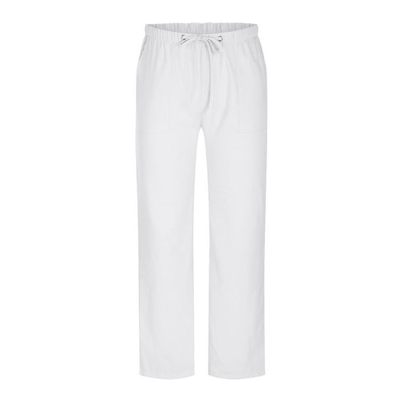 WREESH Men's Drawstring Sweatpants Solid Casual Elastic Waistband Pocket Cotton Linen Panel Trousers Pants White