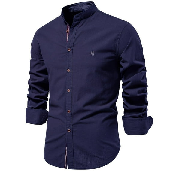 WREESH Men's Dress Button Down Shirts Fashion Casual Solid Color Long Sleeve Turndown Collar Shirts Dark Blue