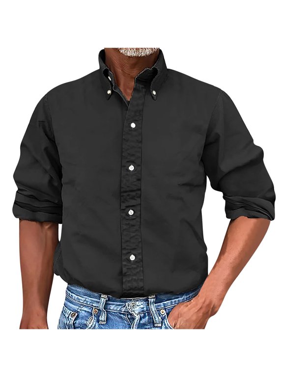 Men's Dress Button Down Shirts Long Sleeve Turndown Collar Solid Color Shirts Casual Tops Black