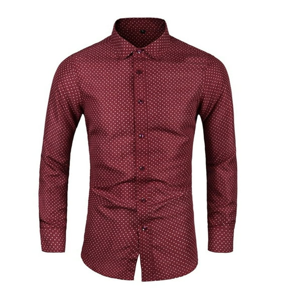 WREESH Men's Dress Shirts with Button Down Collar Long Sleeve Polka Dot Shirts for Men's Formal Pocketless Printed Tops Red