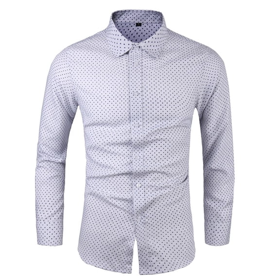 WREESH Men's Dress Shirts with Button Down Collar Long Sleeve Polka Dot Shirts for Men's Formal Pocketless Printed Tops White