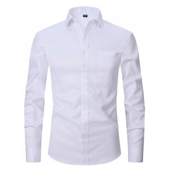 WREESH Men's Elegant Button Down Dress Shirts Long Sleeve Solid Color Turndown Collar Business Top White