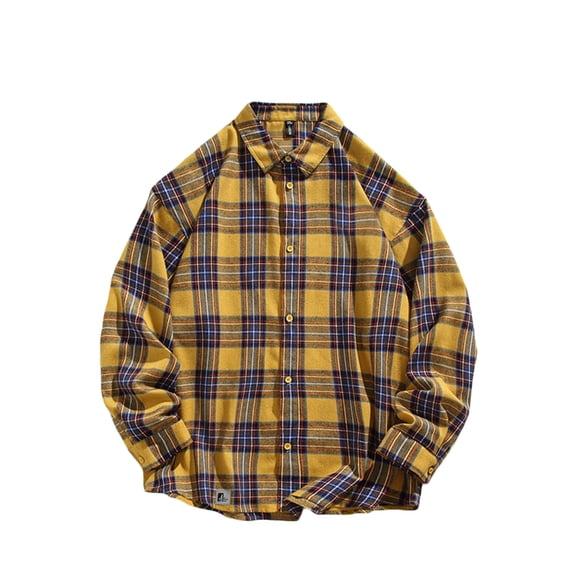 WREESH Men's Fall Plaid Button Down Shirts Casual Fashion Long Sleeve Plaid Shirts with Turn-Down Collar for Men's Plaid Tops Yellow