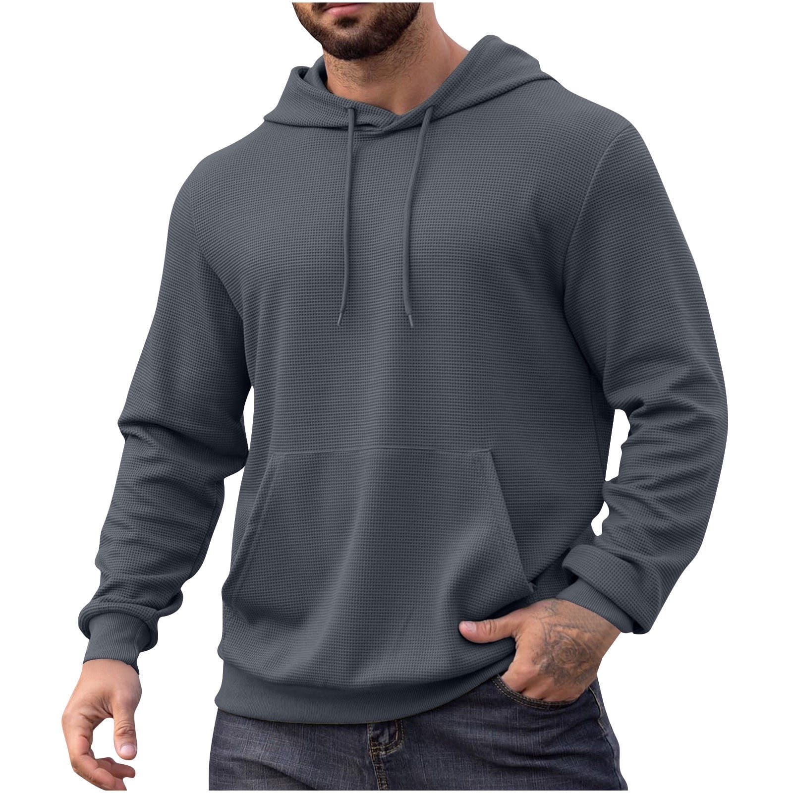 WREESH Men's Fall Solid Color Waffle Hoodie Casual Long