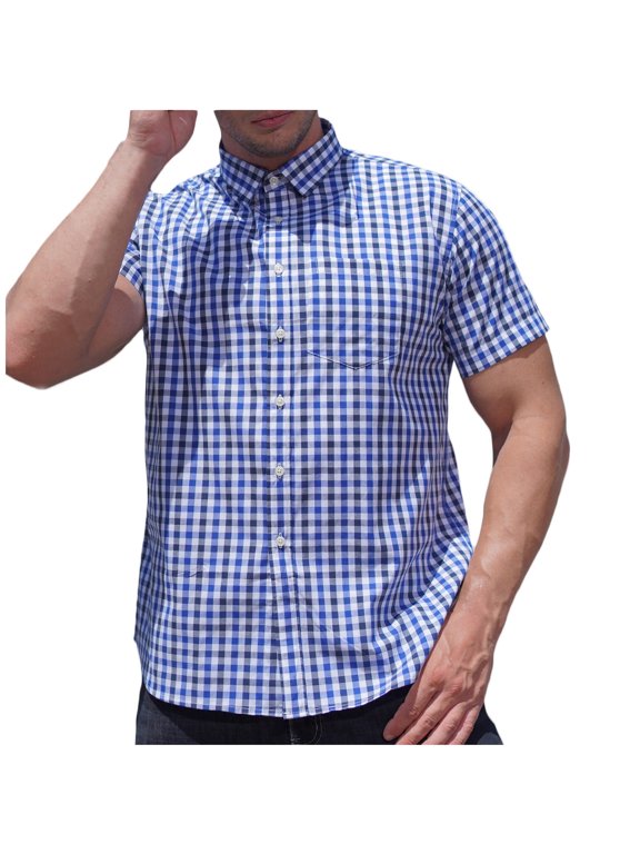 Men's Fashion Business Button Down Shirts Plaid Short Sleeve Shirt with Turndown Collar and Pocket, Available in Large Sizes Blue