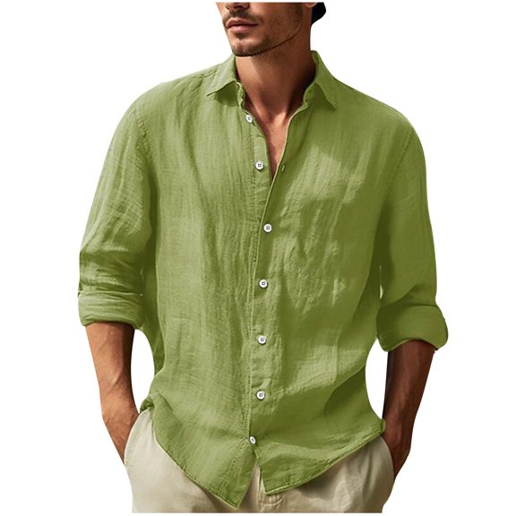 WREESH Men's Fashion Button Down Shirts Casual Solid Color Long Sleeve Turndown Collar Shirts Elegant Tops Green