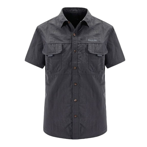 WREESH Men's Fashion Casual Button Down Shirts Solid Color with Cargo Pockets, Buttons, Short Sleeve Turndown Collar Quick-Drying, Breathable, Workwear Gray