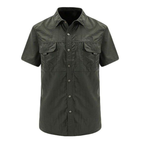 WREESH Men's Fashion Casual Button Down Shirts Solid Color with Cargo Pockets, Buttons, Short Sleeve Turndown Collar Quick-Drying, Breathable, Workwear Olive Green