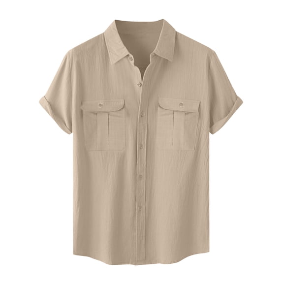 WREESH Men's Fashion Casual Cotton Linen Shirt Short Sleeve Button Down Shirts Solid Color Shirts Vacation Beach Summer Tops with Pocket Beige