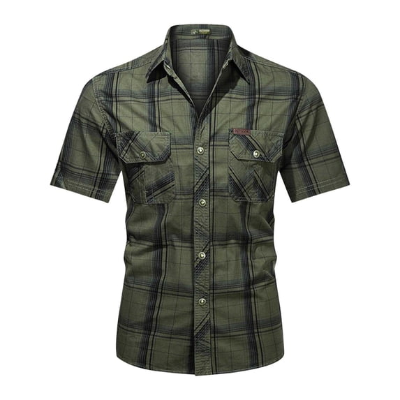 WREESH Men's Fashion Casual Dress Shirts Button Down with Cargo Pockets, Short Sleeve Turndown Collar, Plaid Pattern Workwear with Pockets Olive Green