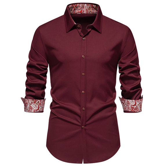 WREESH Men's Fashion Dress Button Down Shirts Long Sleeve Casual Shirts with Patchwork and Turn-Down Collar, Solid Color Choices for a Stylish Statement Wine