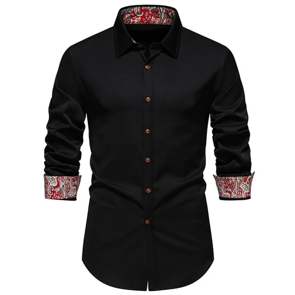 WREESH Men's Fashion Dress Button Down Shirts Long Sleeve Casual Shirts with Patchwork and Turn-Down Collar, Solid Color Choices for a Stylish Statement Black