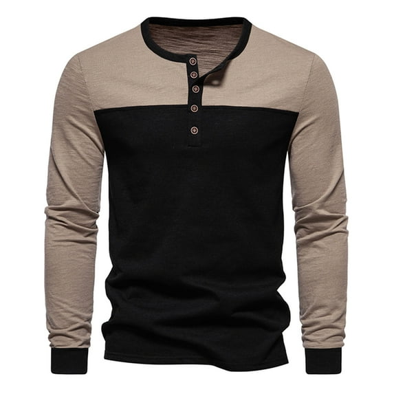 WREESH Men's Fashion Henley Shirts Color Block Casual Pullover Patchwork Long Sleeve Round Neck T-Shirt Tops Blouse Black