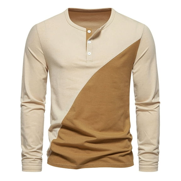WREESH Men's Fashion Henley Shirts Color Block Casual Pullover Patchwork Long Sleeve Round Neck T-Shirt Tops Blouse Khaki