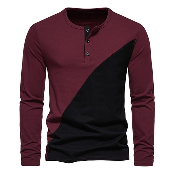 WREESH Men's Fashion Henley Shirts Color Block Casual Pullover Patchwork Long Sleeve Round Neck T-Shirt Tops Blouse Wine
