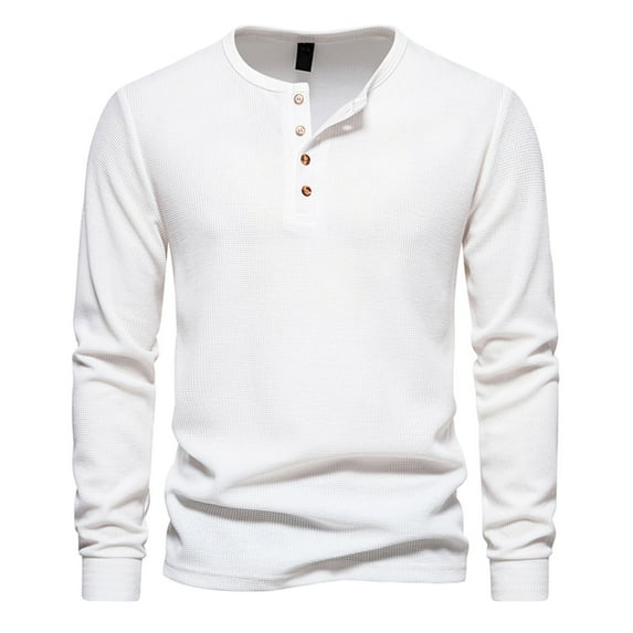 WREESH Men's Fashion Henley Shirts Solid Color Knit Casual Pullover Long Sleeve Round Neck T-Shirt Tops Blouse White