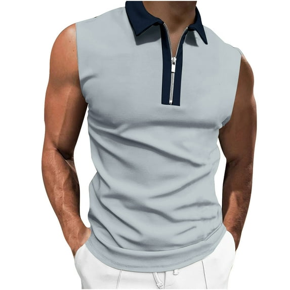 WREESH Men's Fashion Henley Shirts V-Neck Tank Tops Summer Personality Casual Slim Solid Color Sleeveless Turndown Collar Blouse & Shirt Workout Tops Gray